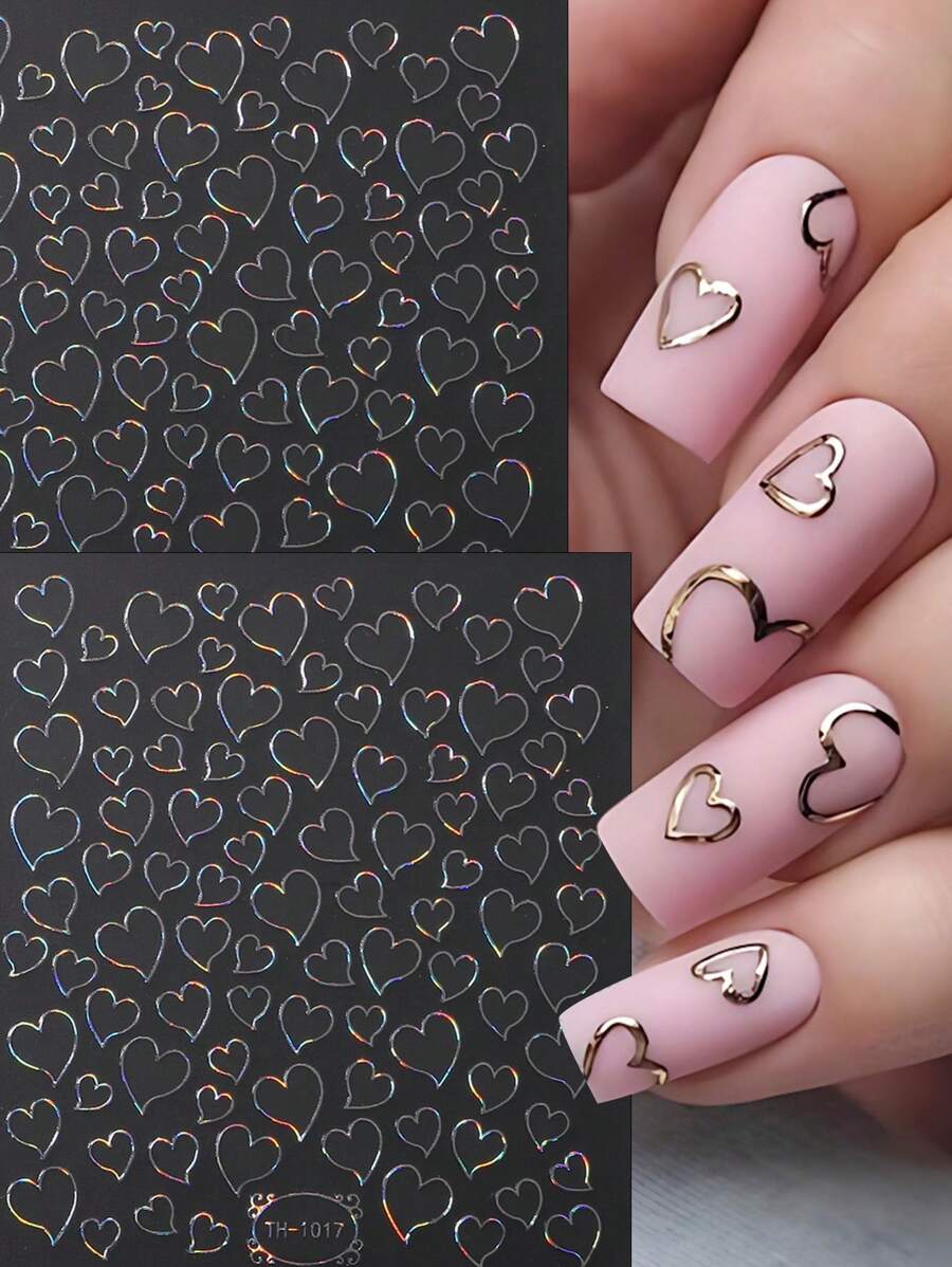 2pcs Hollow Laser Silver Hollow Heart Nail Art Stickers Valentine's Day Holographic Bronzing Heart Y2K Nail French Tips Nail Art Charms Self Adhesive Slider Manicure Accessories Nails Nail Supplies - Multicolor - View 1