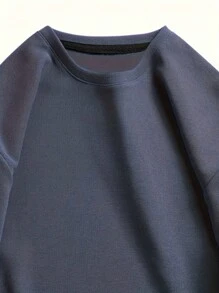 2pcs/Set Men Casual Square Textured Simple Round Neck T-Shirt + Drawstring Shorts, Summer Outfit - Navy Blue - View 3