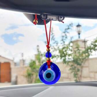 Handcrafted Blue Eye Car Hanging Ornament - Evil Eye Charm With Golden & Blue Beads - Red String - Protective Amulet For - Unique Car Decor & Home Decoration - Distinctive Gift Idea Gifts Birthday Graduation