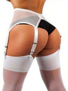 Women High Waist Garter Belt, Sexy Lingerie Suspender Elastic Belt Lace Mesh Suspender Belt With Metal Clip For Stockings - 白色 - 查看 5