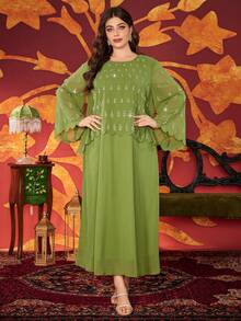 Plus Size Women Rhinestone Embellished Round Neck Solid Color Elegant Maxi Modest Dress (Pearls Randomly Placed, Position May Vary)