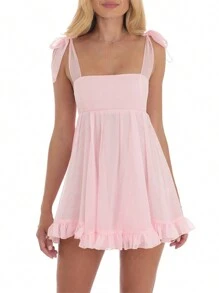 Women Spaghetti Straps Mini Dress Striped/Floral Print Sleeveless Backless Club Party Short Dress - Hồng - Xem 2