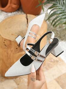 2025 Spring/Summer New Pointy Toe Silver High Heel Shoes, Thick Heel Strap Mary Jane Women Sandals, Open-Toe