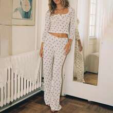 Women Pajama Set Heart/Bear Print Long Sleeve Crop Tops Elastic Waist Long Pants 2 Pcs Lounge Outfit