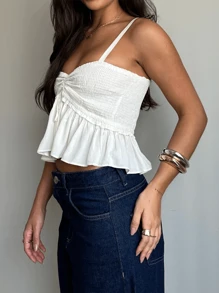 Women Spaghetti Strap Crop Tops Solid Ruched Tie-Up Sweetheart Neck Sleeveless Babydoll Shirts