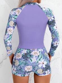 Tropical Print Casual Fashionable Long Sleeve Tankini Swimwear Set - Purple - View 2