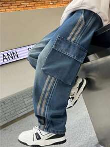 Jeans en denim pour adolescent, printemps et automne, nouveau design, pantalon cargo multi-poches pour enfants et adolescents, pantalon droit ample avec imprimé pour garçons