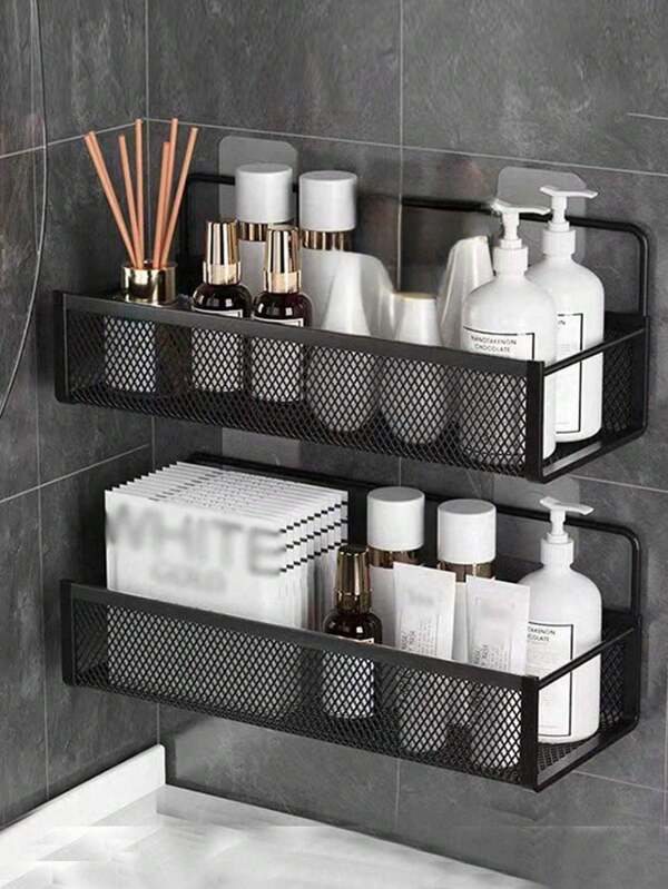 1 Piece Black/White Iron Bathroom Storage Rack, Wall Mounted Kitchen Storage Basket, Punch-Free Bathroom And Kitchen Storage Rack, Suitable For National Day, Autumn Storage