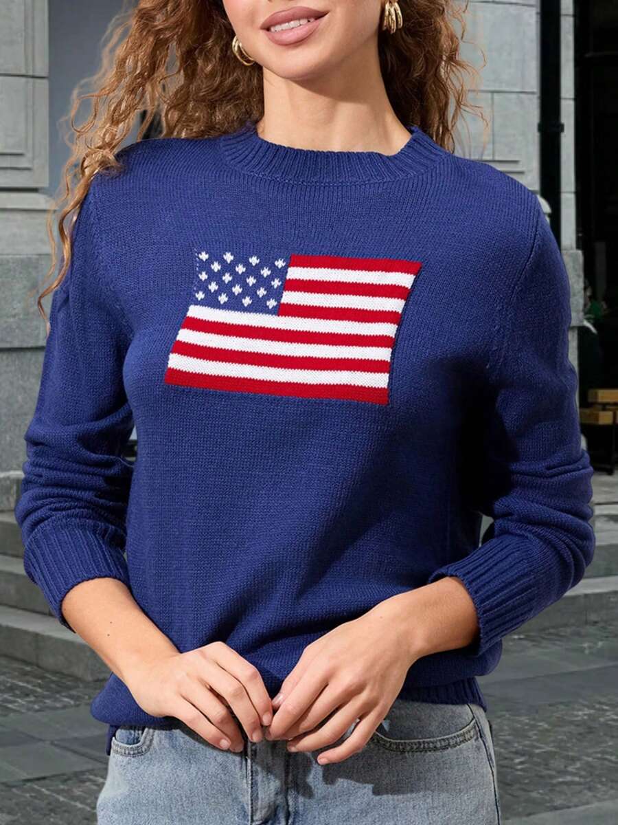 Women American Flag Sweater Y2k Patriotic Stars Stripes Print Long Sleeve Creneck Knit Sweatshirt Pullovers Tops Loose Jumpers Tops 4th Of July Outfit Streetwear - Navy Blue - View 1