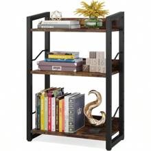 Book Shelf Small Bookshelf: 3-Tier Wood Bookcase Industrial Bookshelf With Edge Protection Metal Narrow Bookshelves Storage Organizer Display Rack For Bedroom Home Office (Rustic Brown)