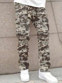 Men's Solid Color Front Lace-Up Pocket Casual Straight Leg Cargo Pants - Grey - View 3