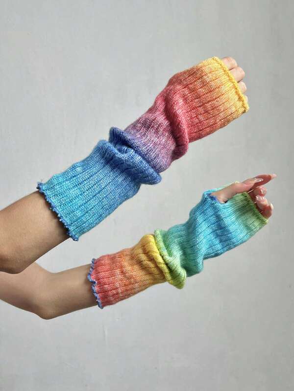 1 Pair Girls Autumn/Winter Warm Woolen Fingerless Arm Warmers, Gradient Color Sleeve Cover Knitted Gloves, European & American Street Y2K Millennium Style