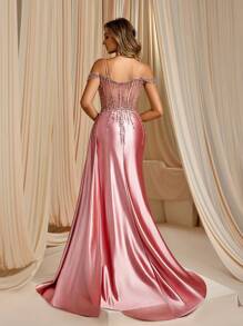 Column Spaghetti Strap Split Tight Prom Dress, Party Dress, Wedding Guest Dress, Formal Dress, Evening Dress,Gown - 珊瑚粉 - 查看 2