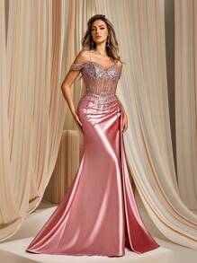 Column Spaghetti Strap Split Tight Prom Dress, Party Dress, Wedding Guest Dress, Formal Dress, Evening Dress,Gown - 珊瑚粉 - 查看 1