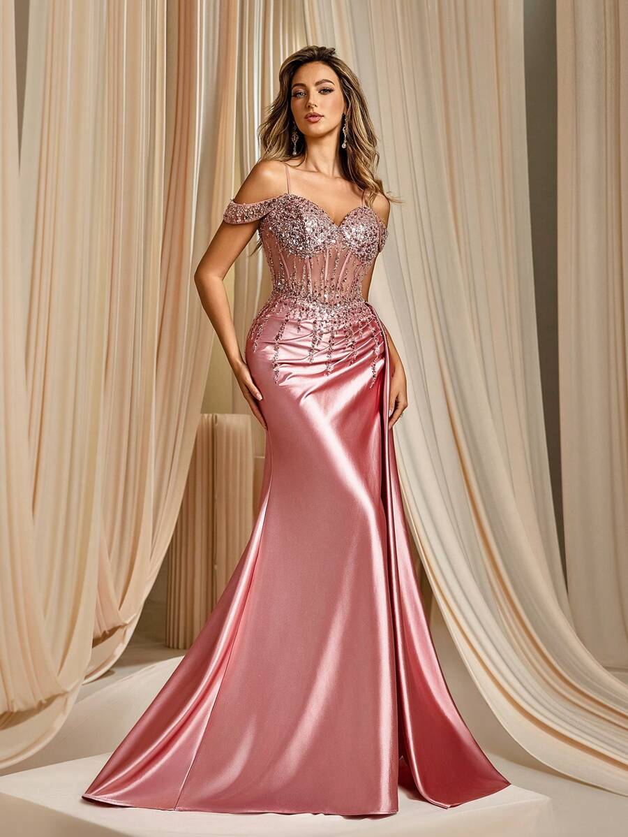Column Spaghetti Strap Split Tight Prom Dress, Party Dress, Wedding Guest Dress, Formal Dress, Evening Dress,Gown - 珊瑚粉 - 查看 1