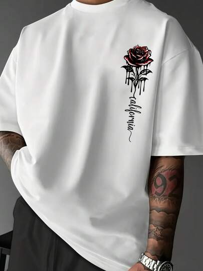 Men's Letter & Rose Graphic Round Neck Short Sleeve Casual T-Shirt
