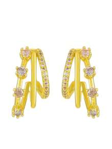 1pair Retro Geometric Copper Inlay Zirconia Asymmetric Earrings For Women - C-shaped Three-claw Earrings - View 10