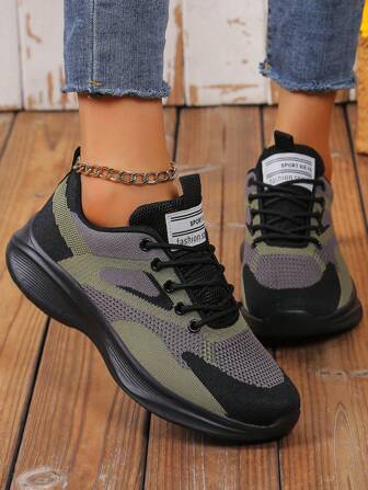 女士休闲运动鞋，轻便透气面料拼接系带户外跑步运动鞋