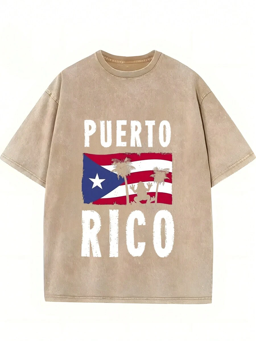 Puerto Rican Flag Frog Puerto Rican Gift, Frog Design1 Piece, Washed,Washed Printed T-Shirt, Seasonal Casual Men's T-Shirt, Round Neck Cotton Short-Sleeved T-Shirt, Christmas Gift. - Khaki - View 1