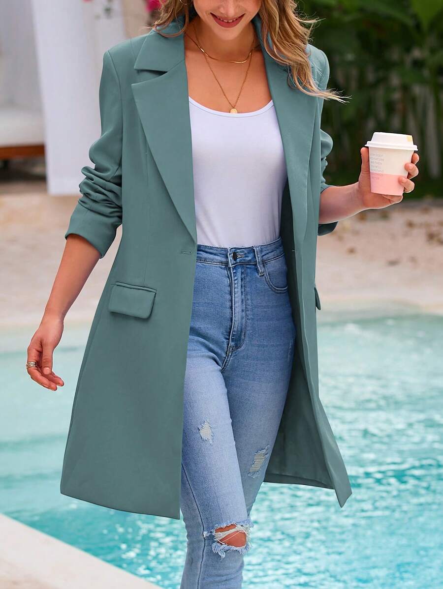 Women's Fall Long Blazer Jackets Long Sleeve Lapel Pockets Loose Fit Work Casual Blazers Outerwear - 藍綠色 - 查看 1