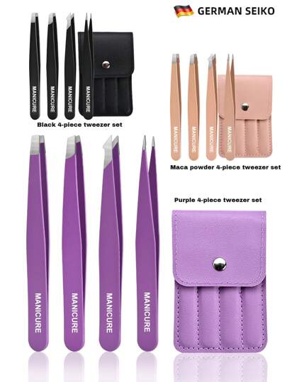 4pcs Stainless Steel Colorful Tweezers Kit, Portable Eyebrow Shaping And Hair Removal Tool Set (Purple,Pink,Black),Makeup,Cheap,Room Decor,Vanity,Travel,Bedroom,Makeup Accessories,Tweezers