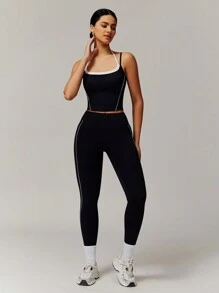 MASKERT Spring And Summer Women's Set, Sports Set, Yoga Set, Vest, Pants Set, Fitness Suit, Sports Suit, Tennis Suit, Exercise, Home Leisure, Comfortable And Skin Friendly - 黑色 - 查看 3