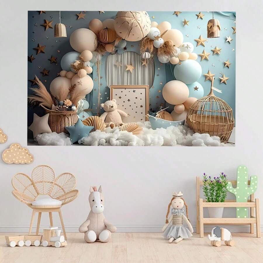 1 pezzo Arco di palloncini, cesta di bambù a forma di orso, sfondo per torta di compleanno, forniture per tavolo, decorazione per parete di stanza per festa di compleanno, telo di sfondo studio, senza alimentazione, dimensioni 210 x 150 / 150 x 100 / 100 x 75 cm