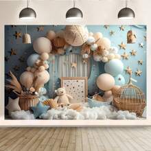 1 pezzo Arco di palloncini, cesta di bambù a forma di orso, sfondo per torta di compleanno, forniture per tavolo, decorazione per parete di stanza per festa di compleanno, telo di sfondo studio, senza alimentazione, dimensioni 210 x 150 / 150 x 100 / 100 x 75 cm