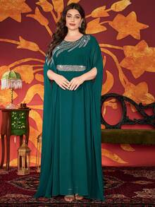 Plus Size Women's Solid Color Sequin Decor Belt Attached Abaya Maxi Dress, Elegant Summer - Dark Green - View 4