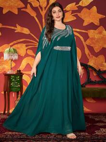 Plus Size Women's Solid Color Sequin Decor Belt Attached Abaya Maxi Dress, Elegant Summer - Dark Green - View 5