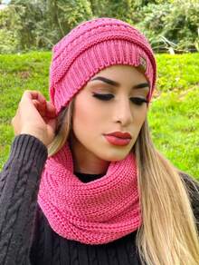 Unisex Knit Infinity Beanie And Scarf Set Soft Wool  Winter Fashion - Rosa - Ver 2