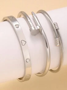 3 pièces Set de Bracelets Joncs Argent Brillant avec Ornements en Zircone Quatre Feuilles de Trèfle, Convient pour le Port Quotidien des Femmes