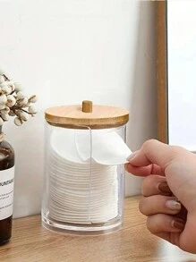3/1pc Acrylic Qtip Holder With Bamboo Lid, Clear Small Swab Dispenser, Plastic Ear Stick Swabs Holder, Toothpick Storage Container, Bathroom Countertop Decorative Storage Organizer