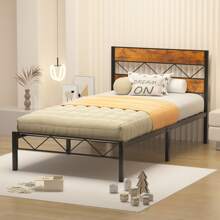 VECELO Single Size Bed Frame With Wooden Headboard, Steel Slat Support, Modern Platform Bed, Easy Assembly - Brown - View 6