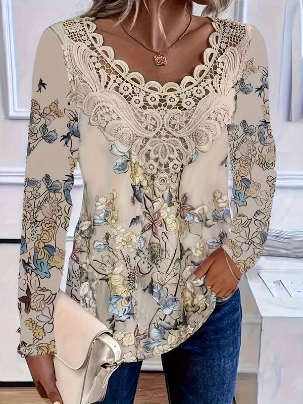 New Floral Print Lace Patchwork Long Sleeve T-Shirt, Spring/Autumn