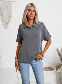 Women's Tops Fashion Ribbed Polo V Neck Casual Work Blouse Short Sleeve T-Shirt