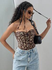 Áo corset kiểu dáng cổ điển Yuwenier họa tiết da báo, đính đinh tán phía trước, có gọng thép, dây buộc phía sau, áo hai dây ngắn hở lưng, thích hợp cho các lễ hội âm nhạc mùa hè. - màu nâu - Xem 7