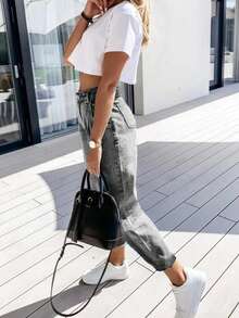 女士休闲通勤外出褶皱七分裤长牛仔妈妈裤，秋季 - 淺灰色 - 查看 5