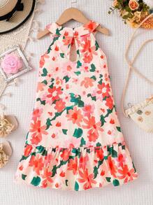 年轻女孩碎花无袖休闲连衣裙，户外中长款宽松优雅假日鱼尾下摆挂脖连衣裙 - 紅色 - 查看 2