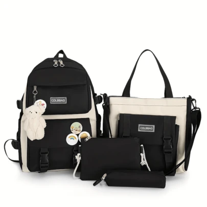 4pcs/Set Simple Leisure Backpack Large Capacity Schoolbag Travel Bag Canvas Shoulder Bag