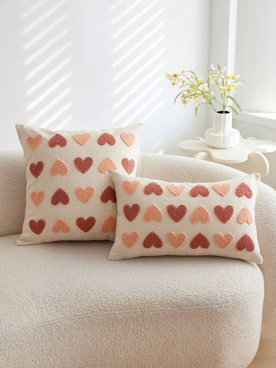 1 pièce Taie d'oreiller décorative beige avec cœur brodé pour la Saint-Valentin, convient pour la décoration intérieure, housse de coussin décorative pour le printemps/été, insert de coussin non inclus