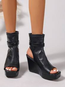 女士时尚罗马风格高帮凉鞋，复古厚底坡跟拉链角斗士凉鞋 - 黑色 - 查看 1