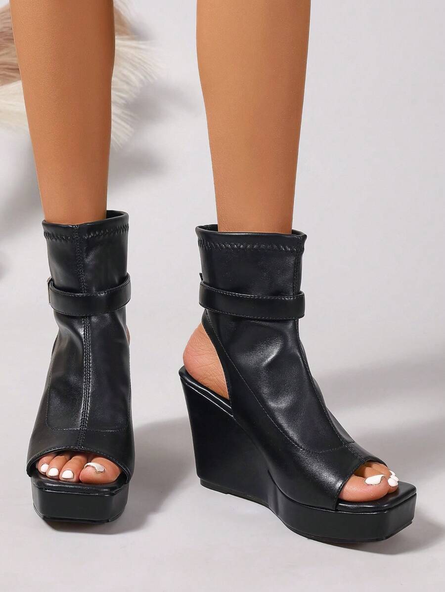 女士时尚罗马风格高帮凉鞋，复古厚底坡跟拉链角斗士凉鞋 - 黑色 - 查看 1