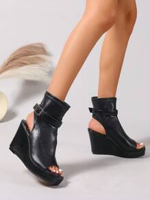 女士时尚罗马风格高帮凉鞋，复古厚底坡跟拉链角斗士凉鞋 - 黑色 - 查看 2