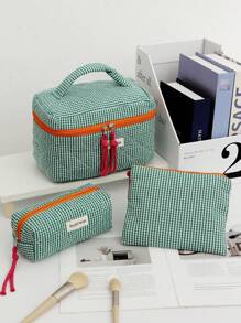 1Pc/Set Plaid Design Green Color Contrast With String Multi-Functional Cosmetic Organizer Handbag Bath Shower Wallet Pouch Portable Cosmetics Brush Storage Clutch With Zipper Closure For Lipstick, Brush, Skincare, Mobile Phone, Coin, Small Items Summer Travel, Vacation Home Bathroom Decor Holiday Bathroom Accessories Back To School
