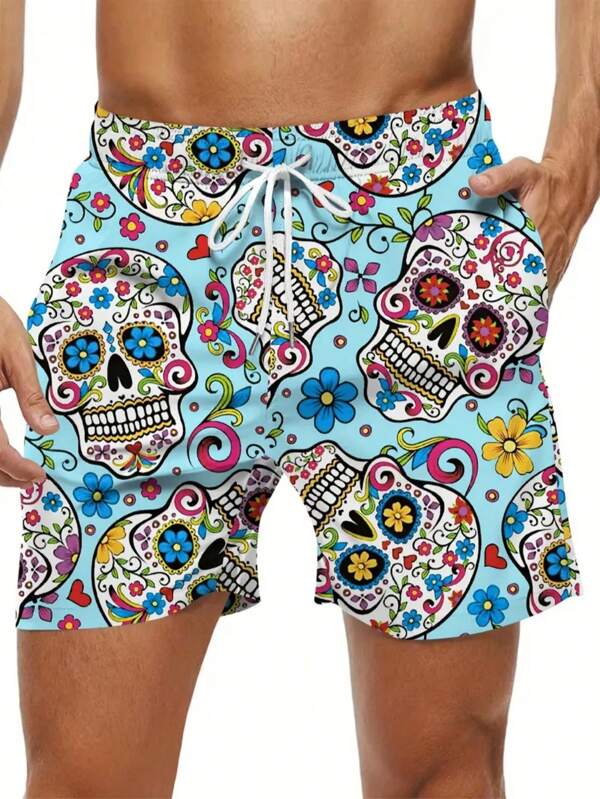 Men's Skull Print Drawstring Waist Shorts With Pockets, Unique Fashionable Beach & Holiday Casual Wear Shorts,Hawaiian