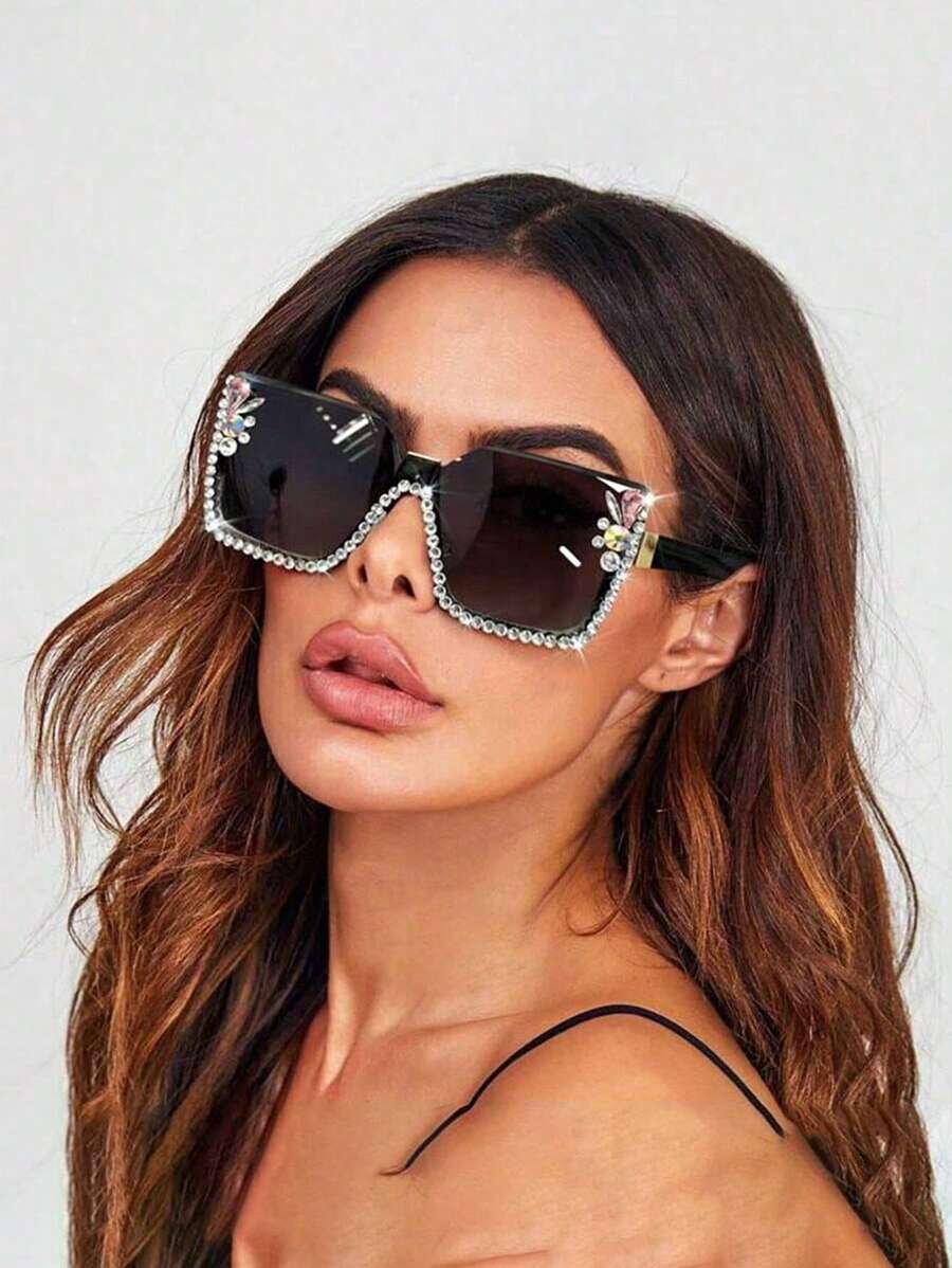 1pc Women's Large Frame Diamond-Encrusted Rimless Edge Integrated Fashion Glasses, Fashion Style For Street Photography And Runway Show, Suitable For Daily Use