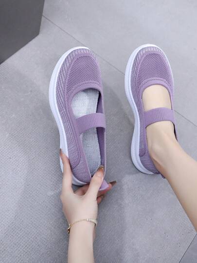 Atmungsaktive gestrickte Sneakers für Damen - modische Schnürschuhe zum Laufen, absatzerhöhend, vielseitiges einfarbiges Design