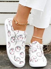 Mujer Primavera Nueva Mocasines planos de moda casual atléticos cómodos y ligeros con estampado de béisbol blanco, punta redonda y diseño slip-on, tallas grandes - Blanco - Ver 2