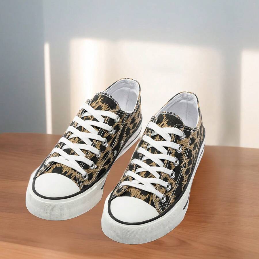 Ladies Canvas Shoes Men Women, Unisex Lace Up Plimsolls Pumps Low Top Trainers For Men Casual Sneakers Canvas Plimsoles Flat Shoes - Leopard Black - View 1